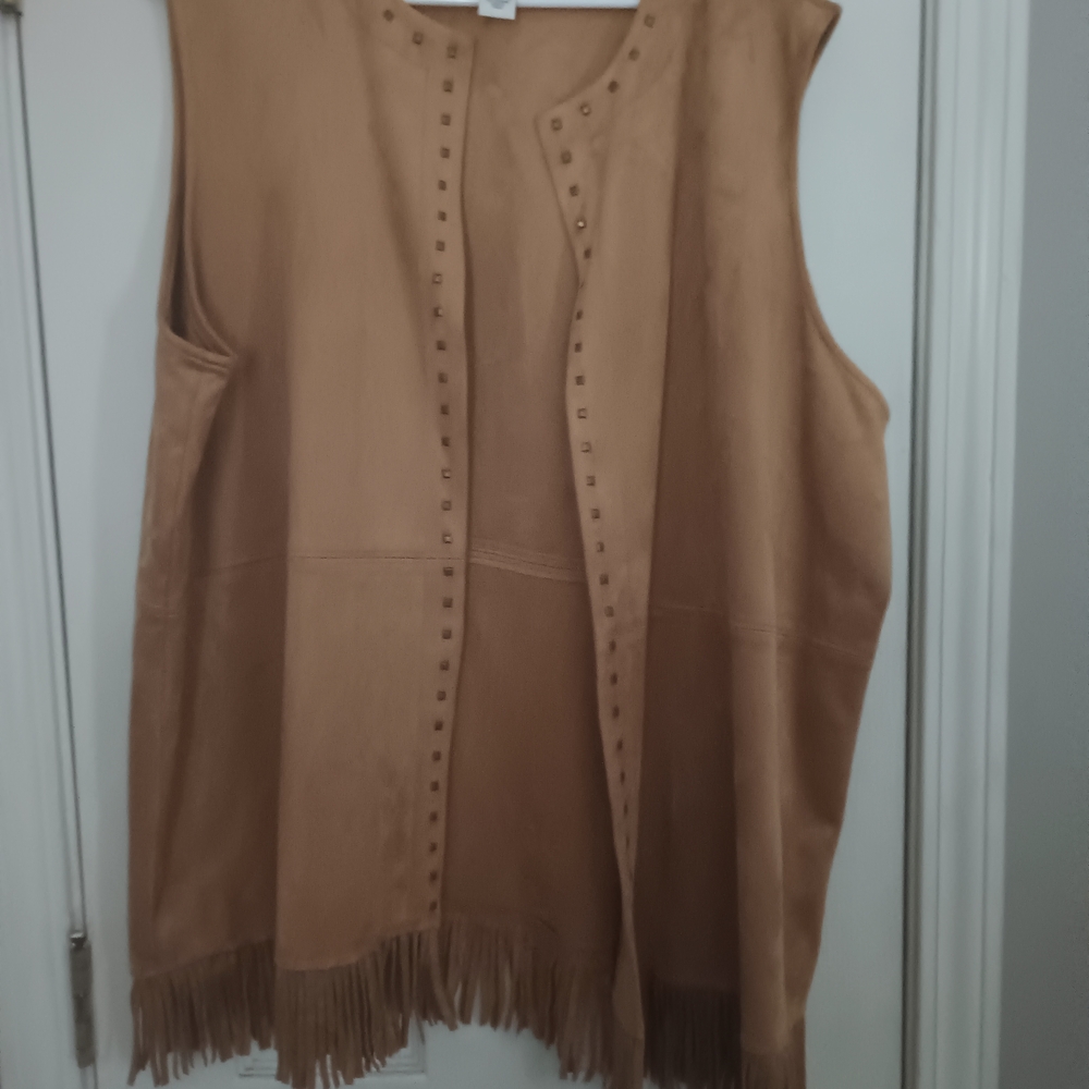 Ruby Rd. Tan Suede Look Fringe  Open Vest with Stud Trim